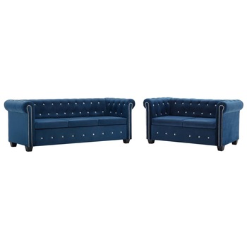 Set 2 canapele Chesterfield, vidaXL, Tapiterie catifea, Albastru, 146 x 75 x 71.5 cm Set 2 canapele Chesterfield, vidaXL, Tapiterie catifea, Albastru, 146 x 75 x 71.5 cm