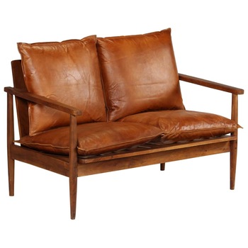 Canapea cu 2 locuri, vidaXL, Piele naturala si cadru de lemn de acacia, Maro, 116 x 69 x 74 cm