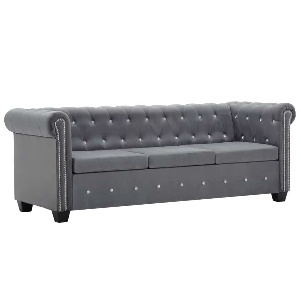 Canapea Chesterfield cu 3 locuri, vidaXL, Catifea, Gri, 199 x 75 x 72 cm