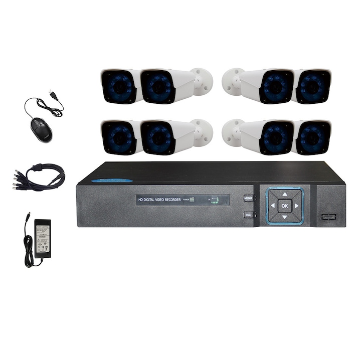 Sistem complet de supraveghere IP cu 8 camere bullet, 2MP, lentila 2.8-12mm, IR 50m, PoE, NVR cu 8 canale IP, Ultra HD rezolutie 4K, accesorii