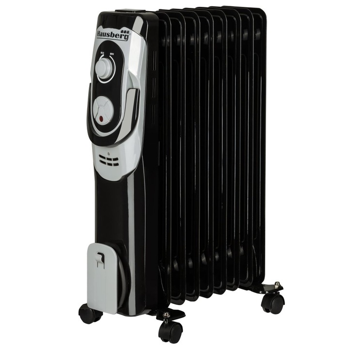 Calorifer electric Hausberg HB-8910NG, 2000 W, 9 elementi, 3 nivele de putere, termostat reglabil, Negru