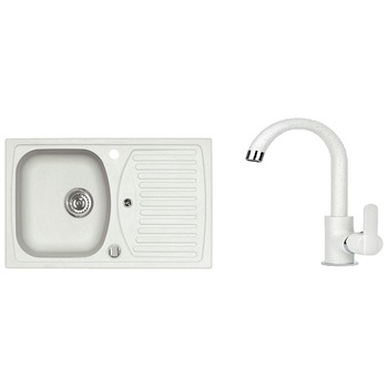 Pachet chiuveta algranit Alveus Record 30, 780x480mm, reversibila, material compozit + Baterie Kati Alb, Alb, sifon cu pop-up inclus Pachet chiuveta algranit Alveus Record 30, 780x480mm, reversibila, material compozit + Baterie Kati Alb, Alb, sifon cu pop-up inclus