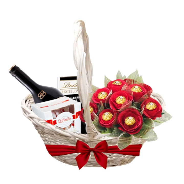 Подаръчна кошница за Жената, BananaBG с бонбони Raffaello, Baileys, шоколад Lind и 11 червени рози с бонбони Ferrero Rocher
