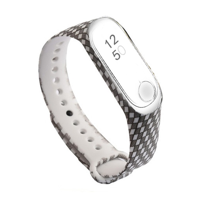 Curea din silicon pentru bratara Xiaomi Mi Band 4 si 3, alb negru , model patratele