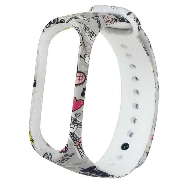 Силиконова каишка за гривна Xiaomi Mi Band 5 и Mi Band 6, бяла/многоцветна, модел Париж