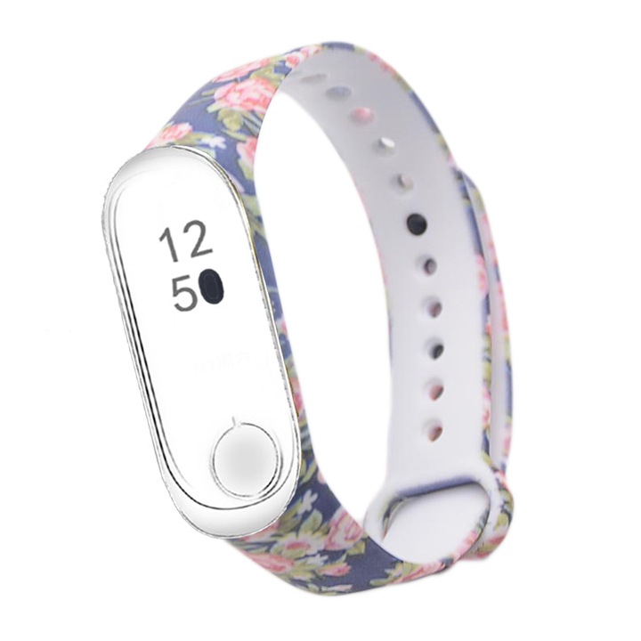 Curea din silicon pentru bratara Xiaomi Mi Band 4 si 3, albastra , model flori