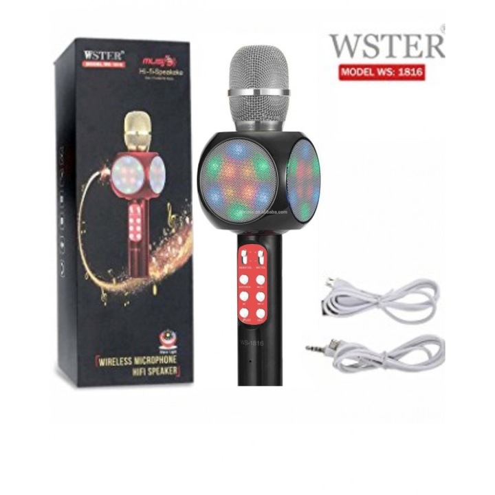 Комплект Bluetooth - караоке микрофон с вграден говорител Wster WS-1816, Черен+ спинер