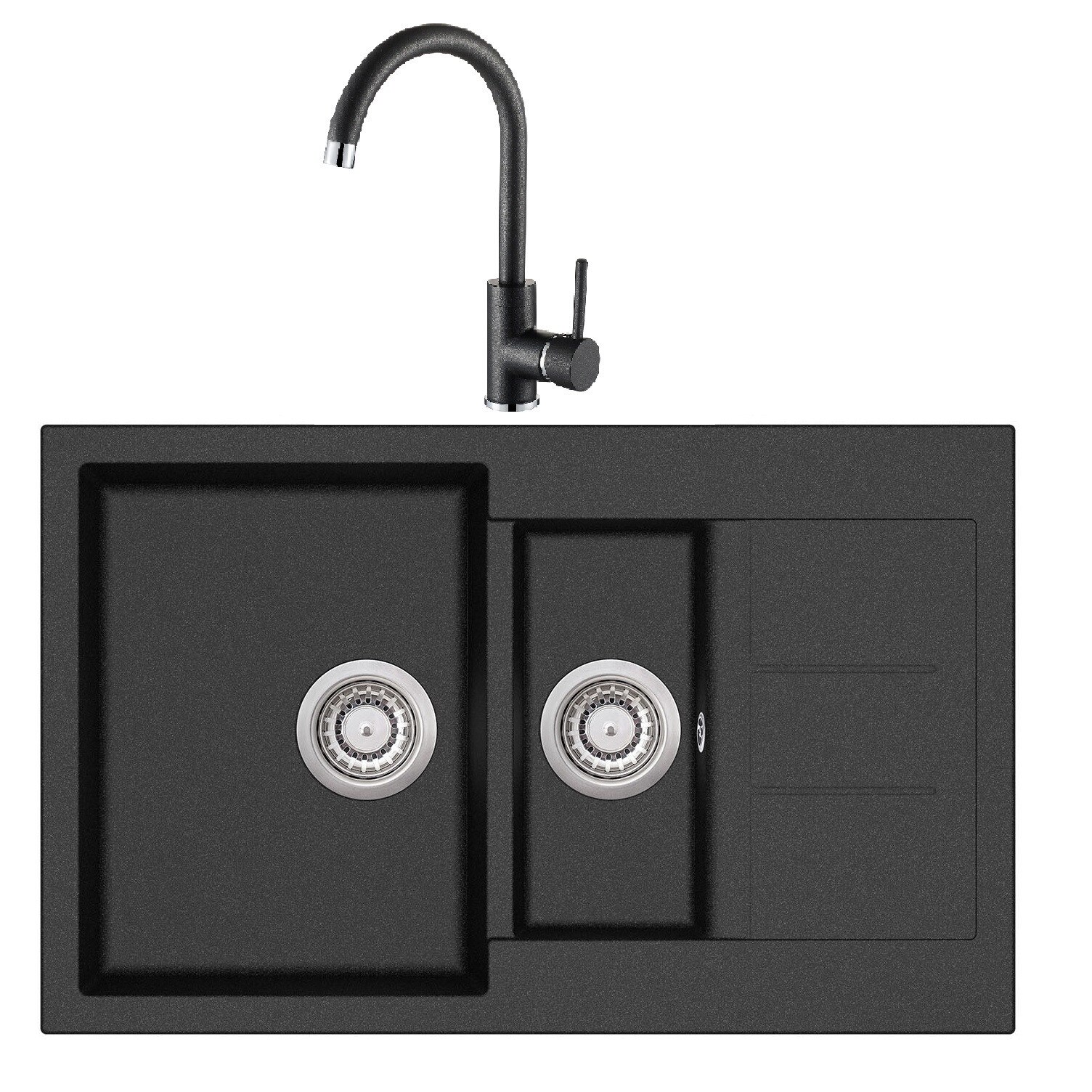 Pachet Aquasanita Tesa+Sabia, chiuveta cuva mare, cuva mica si picurator cu baterie silicsana negru metalic