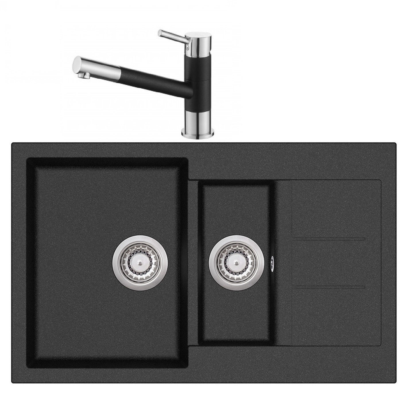 Pachet Aquasanita Tesa+Tera, chiuveta cuva mare, cuva mica si picurator cu baterie silicsana negru metalic