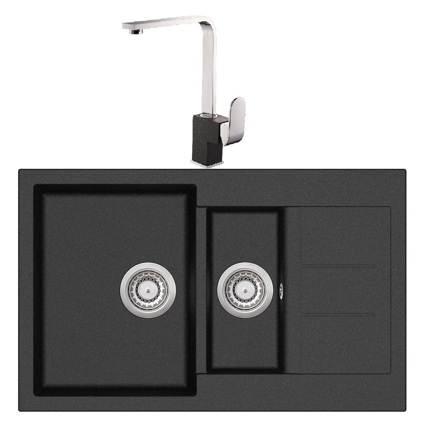 Pachet Aquasanita Tesa+Signa, chiuveta cuva mare, cuva mica si picurator cu baterie silicsana negru metalic