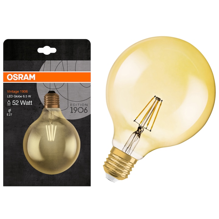 Bec LED OSRAM Vintage 1906 GLOBE LED 52, E27, 6.5 W, 725 lm, lumina calda (2500K), clasa energetica E