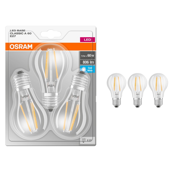 Комплект 3 LED крушки Osram A60, E27, 7 W (60 W), 806 лумена, Filament, Неутрална светлина