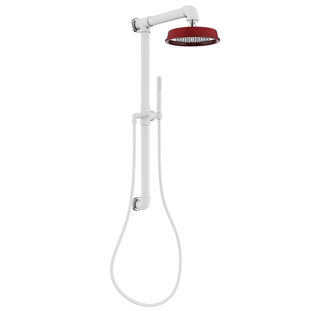 Coloana de dus TU-YO in otel inoxidabil, model traditional, cu toate accesoriile alb mat, cap de dus rosu, cu certificat imprimat