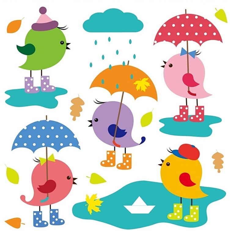 Sticker pentru geam, pasari simpatice cu umbrela, 30 x 30 cm