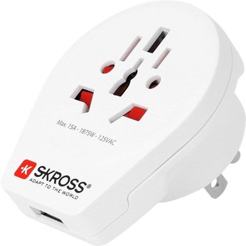 Adaptor Skross, priza universala World -> USA cu USB, alb Adaptor Skross, priza universala World -> USA cu USB, alb