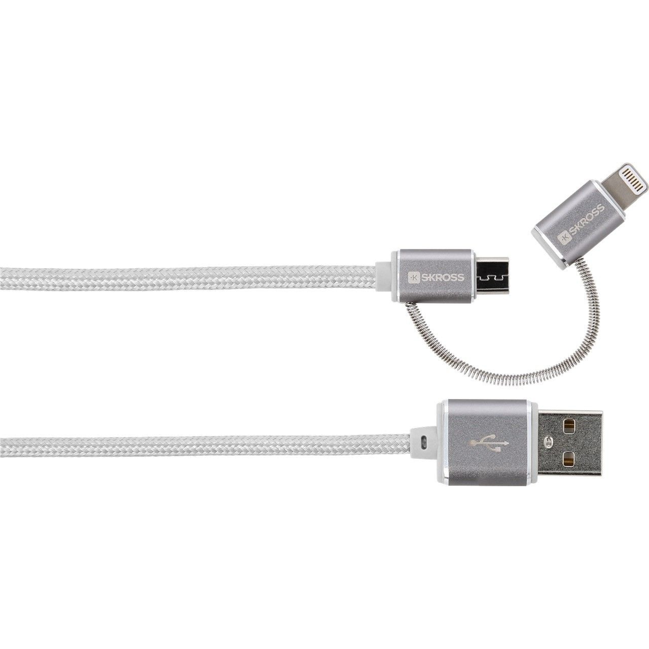 Cablu USB Skross Steel Line, 2 in 1, cu conector micro USB - lightning, argintiu, 1m