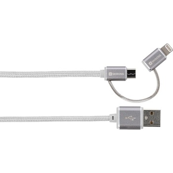 Cablu USB Skross Steel Line, 2 in 1, cu conector micro USB - lightning, argintiu, 1m Cablu USB Skross Steel Line, 2 in 1, cu conector micro USB - lightning, argintiu, 1m