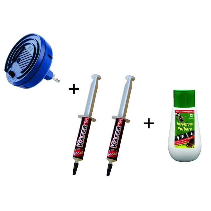 Pachet primavara-12: 1 aparat ultrasunete Vario Schutz 40 mp, cu frecventa variabila, antiinsecte + 2 Kafer gel 5g. Pestmaster, impotriva gandacilor + 1 flacon pulbere insecticida impotriva insectelor taratoare Pestmaster INSEKTUM pulbere 150g.