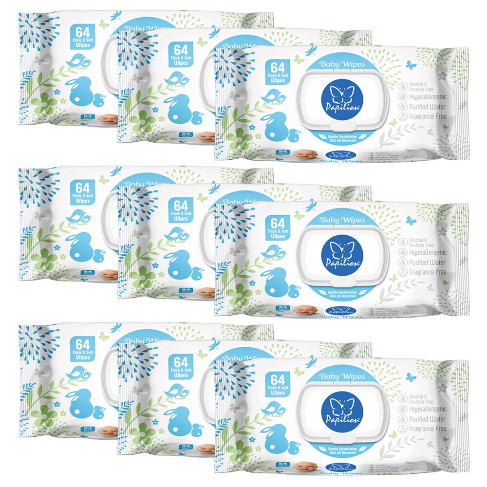 Servetele umede Papilion Baby Blue cu capac, 9 pachete x 100, 900 bucati