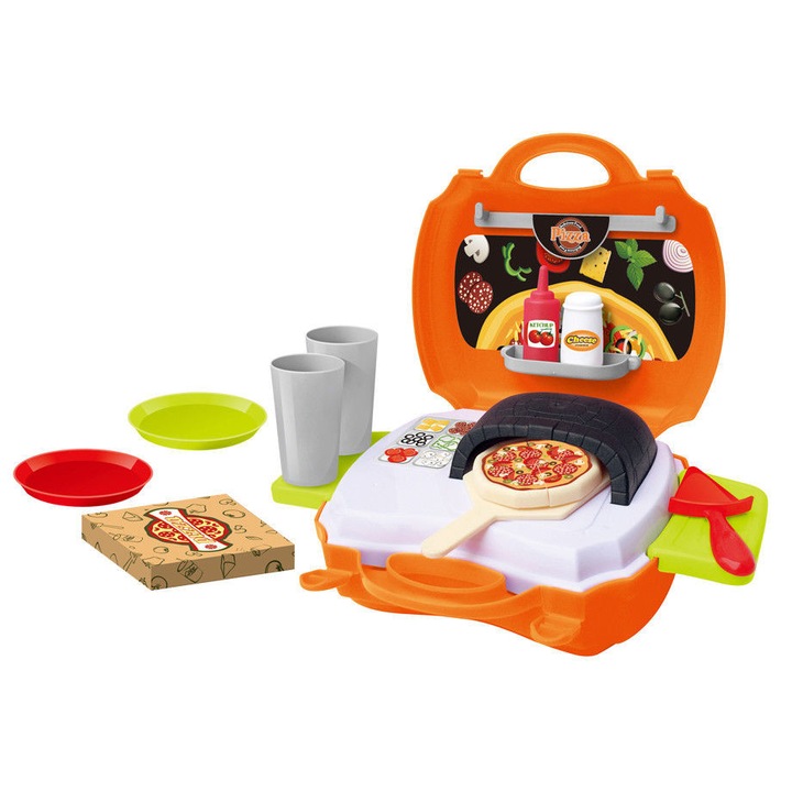 Set de facut pizza, pentru copii, valiza portabila, 21 piese, My Carry Along Pizza Shop