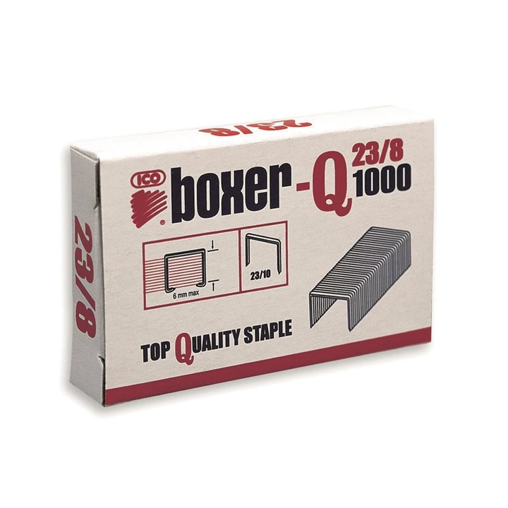 Capse galvanizate ICO Boxer Q 23/8, pentru 40 coli, 1000 buc/cutie