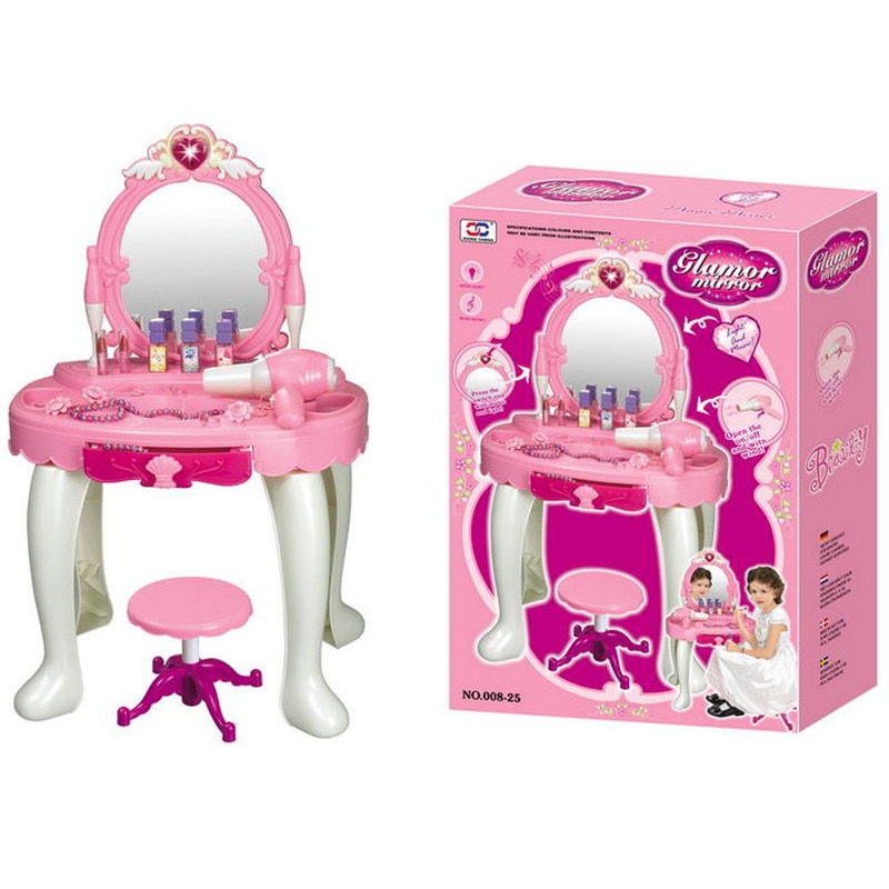 Masuta de Make-Up Multifunctionala, Lumini si Sunete, Include scaunel si uscator de par cu sunet, Inele, Coliere, Multiple accesorii incluse, Roz