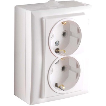 Priza Elegant, dubla , aparenta, din ceramica, rama inclusa, contact de protectie, culoare alba Priza Elegant, dubla , aparenta, din ceramica, rama inclusa, contact de protectie, culoare alba