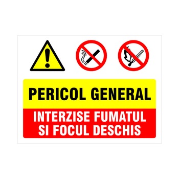 Indicator Pericol general, interzis fumatul si focul deschis, 30x40cm Indicator Pericol general, interzis fumatul si focul deschis, 30x40cm