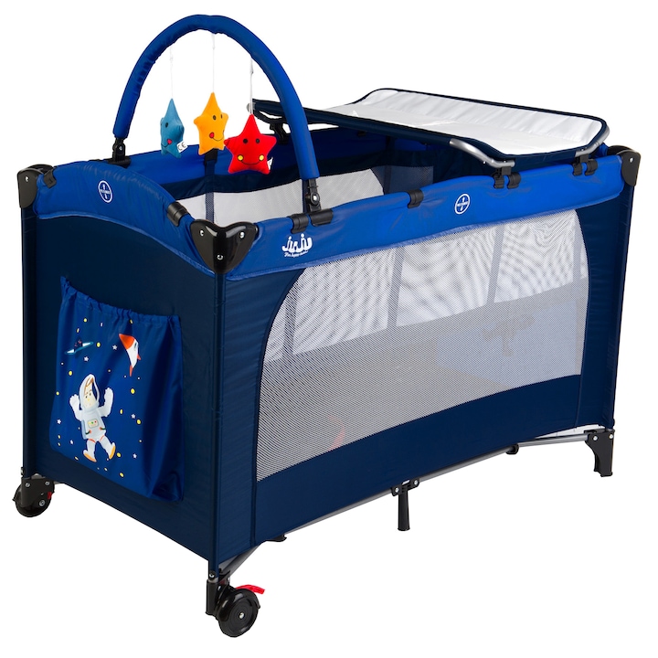 Patut pliant voiaj pentru bebelusi si copii Juju Sleepy Baby, 2 nivele, portabil, 125x65 cm, etaj intermediar nou-nascuti, bara cu jucarii, masa de infasat, salteluta, buzunar lateral, geanta transport, Space Adventure, Albastru/Bleumarin