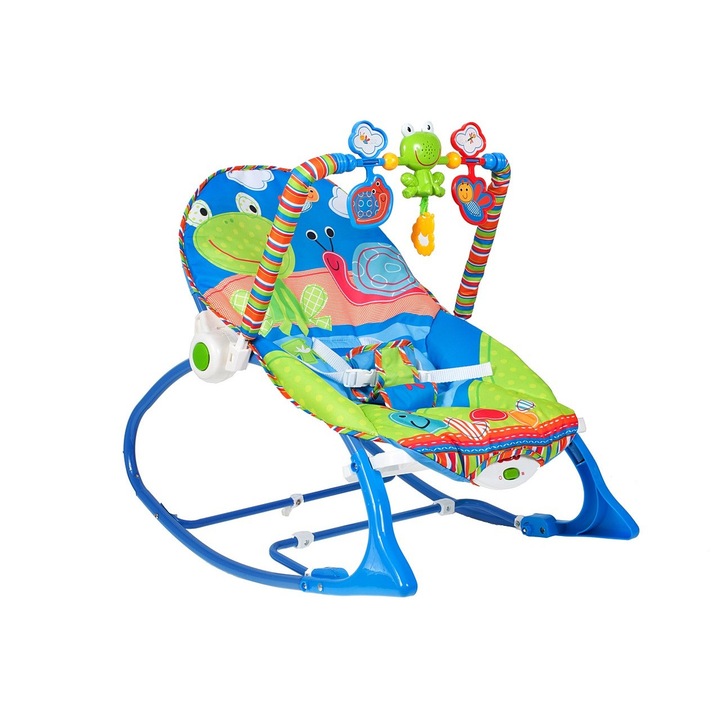 IdealStore IDL Junior Herceg hinta vibrációval és zenével, puha anyag a nagyobb kényelem érdekében, tartós, játékokkal kiegészítve, kék / zöld