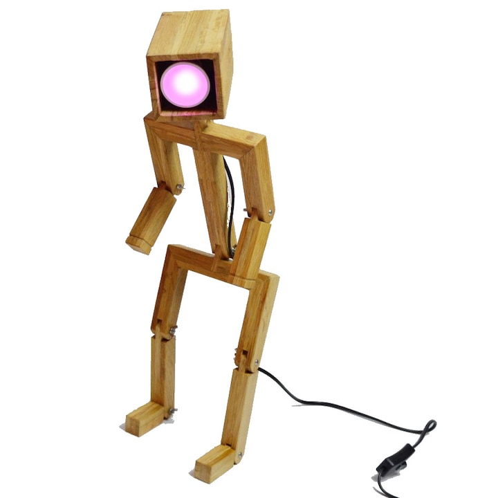 Lampa Smart cu Bec LED RGB cu boxa Bluetooth, telecomanda, 12W, E27(bec normal) Veioza din lemn Auria Robot Light