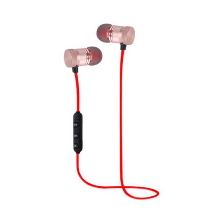 Casti Bluetooth Sport M5, wireless, Prindere Magnetica, In-ear cu Microfon, rosu