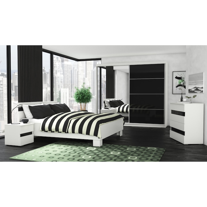Dormitor Luca CB Furniture, Alb/Negru, Pat 160x200 cm, Dulap, Comoda, 2 Noptiere
