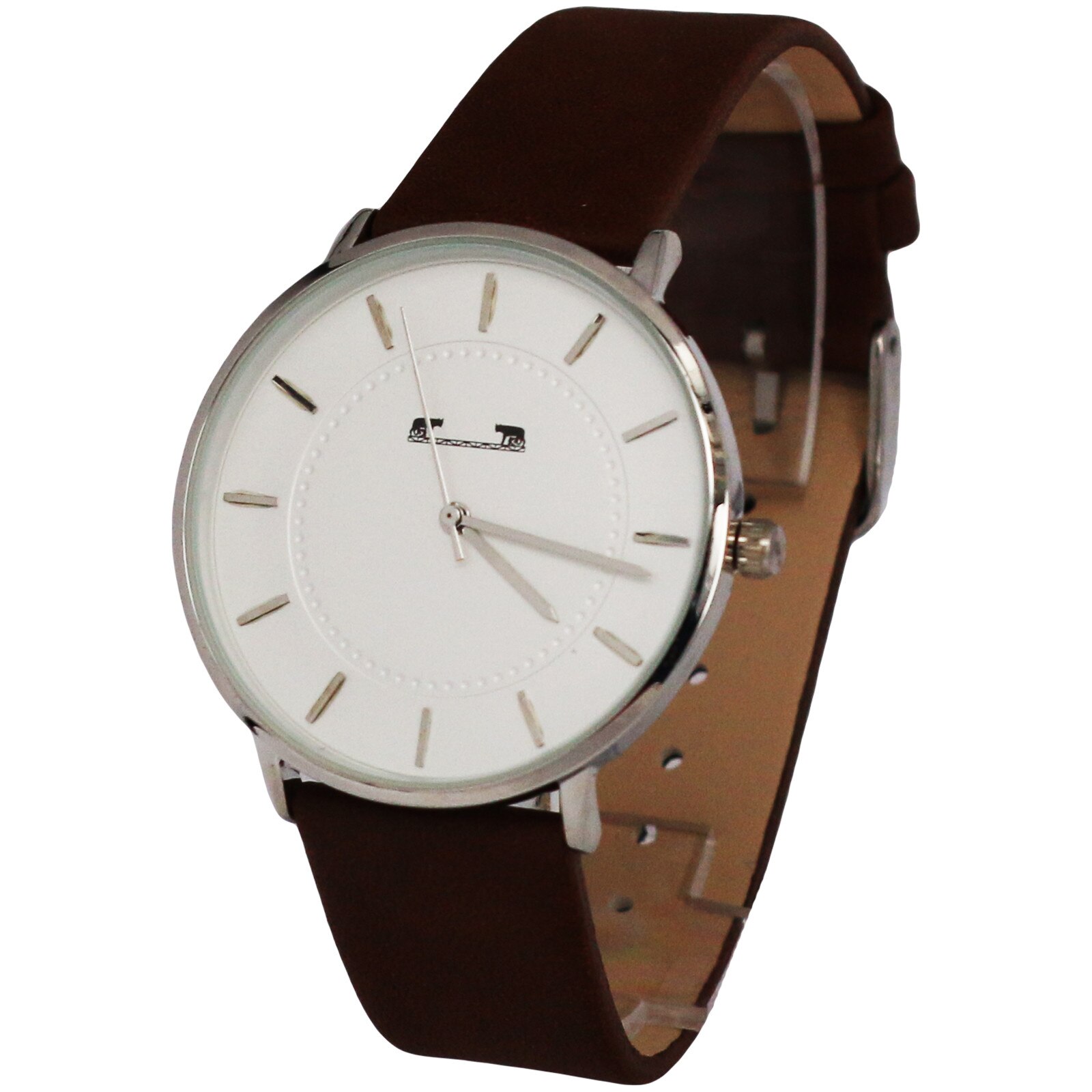 Ceas unisex elegant cu curea piele maro inchis,Matteo Ferari,culoare argintiu, cadran alb cu aspect piele, indicatori argintii, Otel inoxidabil