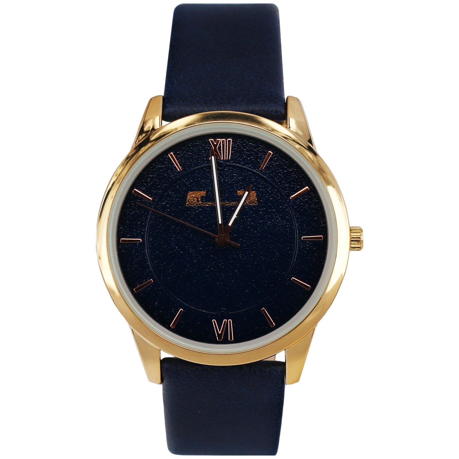 Ceas unisex elegant cu curea piele bleumarin cu cutie cadou, Matteo Ferari, culoare auriu, cadran bleumarin, indicatori aurii, Otel inoxidabil
