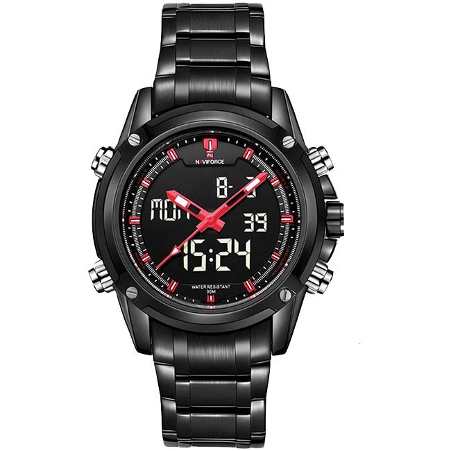 Ceas Barbatesc Quartz NAVIFORCE Sport Negru, CP9806NU, curea din metal (zale), afisaj analog-digital