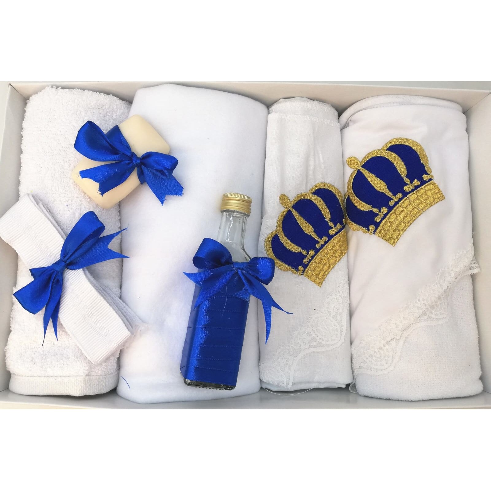 Trusou Botez, 7 Piese, Coroana Rege, Alb/Albastru, Bumbac