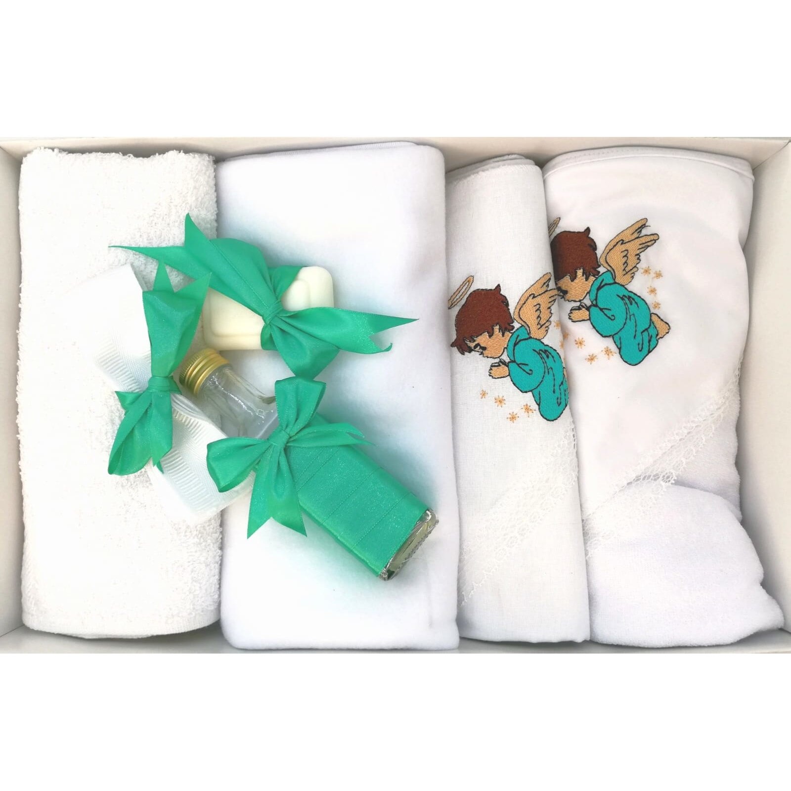 Trusou Botez, 7 Piese, Ingeras, Alb/Verde, Bumbac