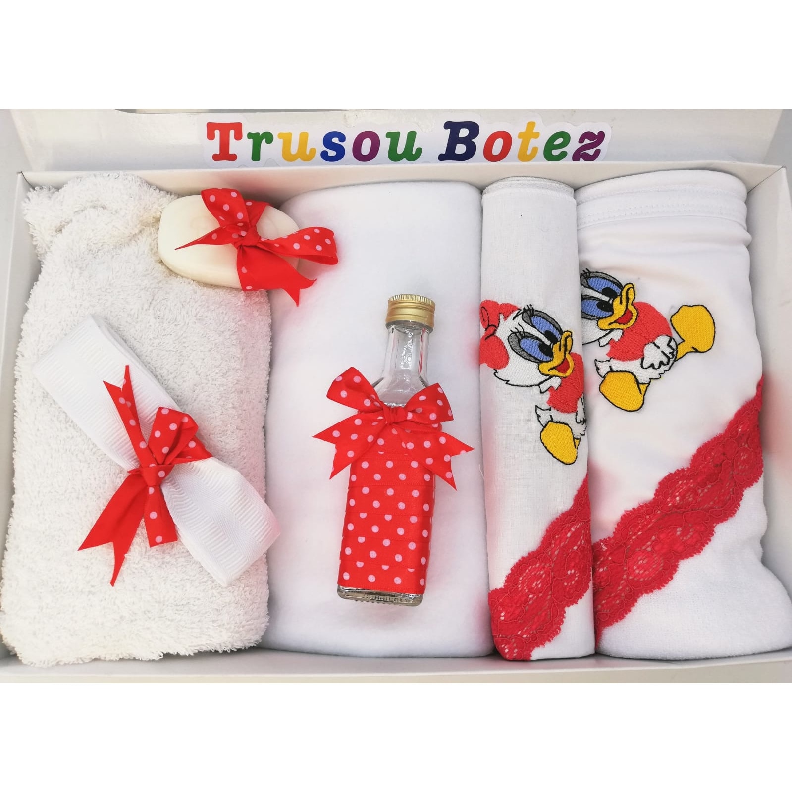 Trusou Botez, 7 Piese, Daisy, Alb/Rosu, Bumbac