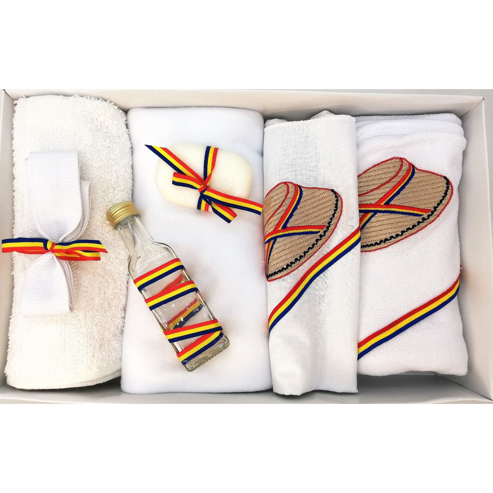 Trusou Botez, 7 Piese, Traditionale, Palarie Paie, Alb/Tricolor, Bumbac