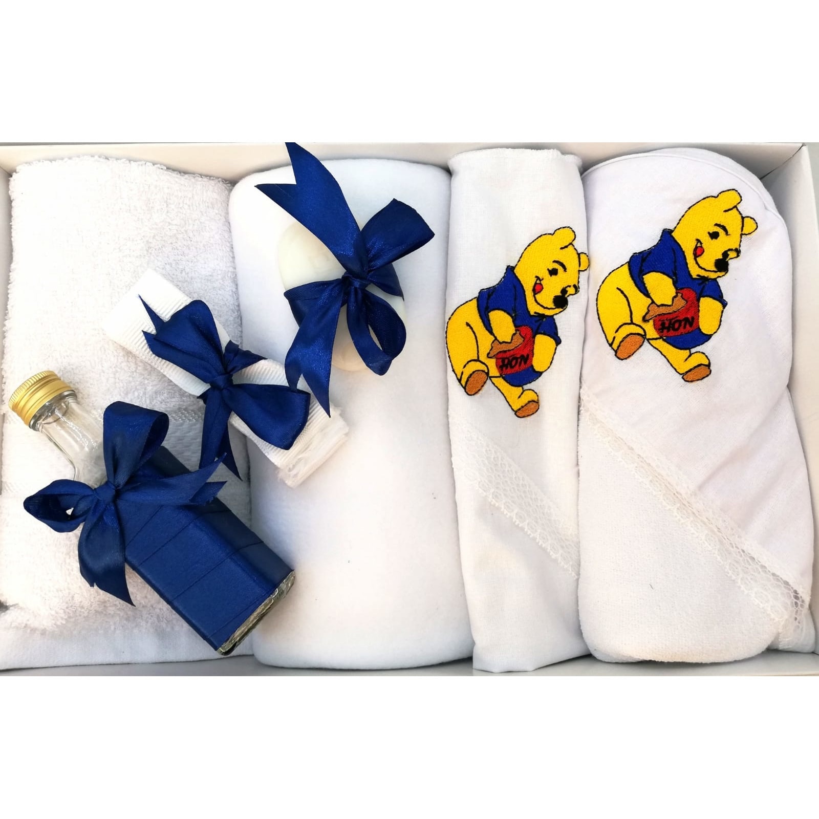 Trusou Botez, 7 Piese, Winnie, Alb/Albastru, Bumbac