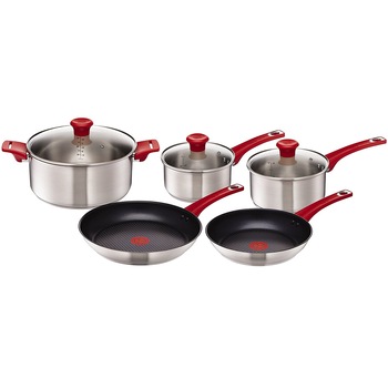 Set de cratite si tigai antiaderenta Tefal® Jamie Oliver, 5 bucati, otel inoxidabil, thermospot, argintiu/rosu Set de cratite si tigai antiaderenta Tefal® Jamie Oliver, 5 bucati, otel inoxidabil, thermospot, argintiu/rosu