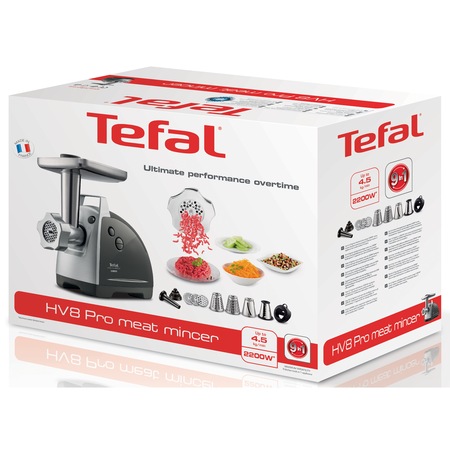 Masina de tocat carne TEFAL HV8 Plus 9 în 1 NE688830, 2200 W, 4.5kg, 9 accesorii, Negru/Inox