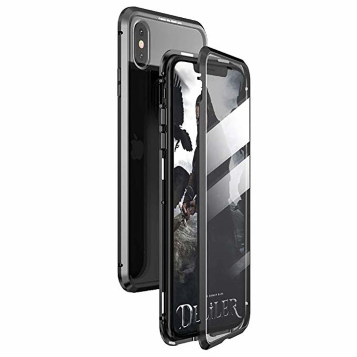iPhone XS Max tok - Üveg előlap+hátul 360 fok, Fém keret mágnesekkel, Fekete