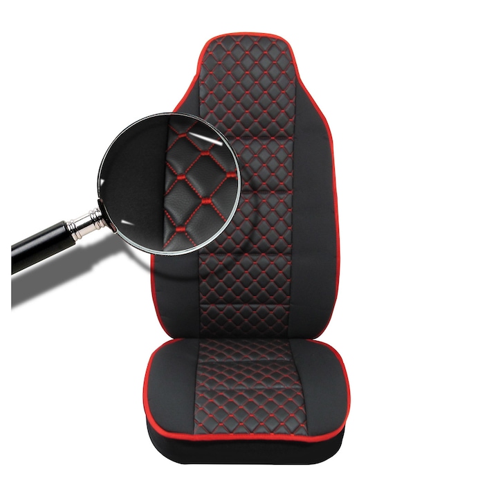 Комплект Универсална Тапицерия Flexzon Тип Масажор 1+1 За Предни Седалки Лукс Черна С Червена Декорация, Еко Кожа