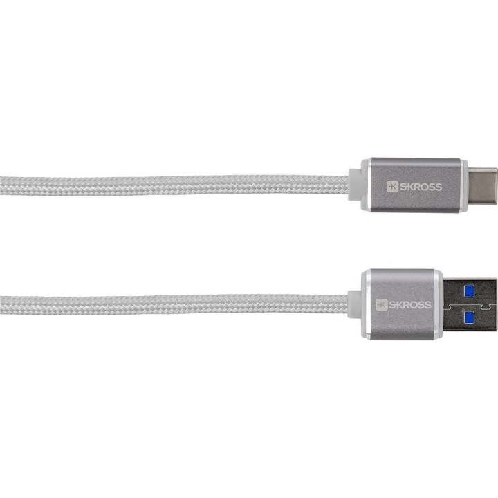 Cablu USB Skross, Steel Line, 2 in 1, cu conector USB tip C, argintiu, 1m