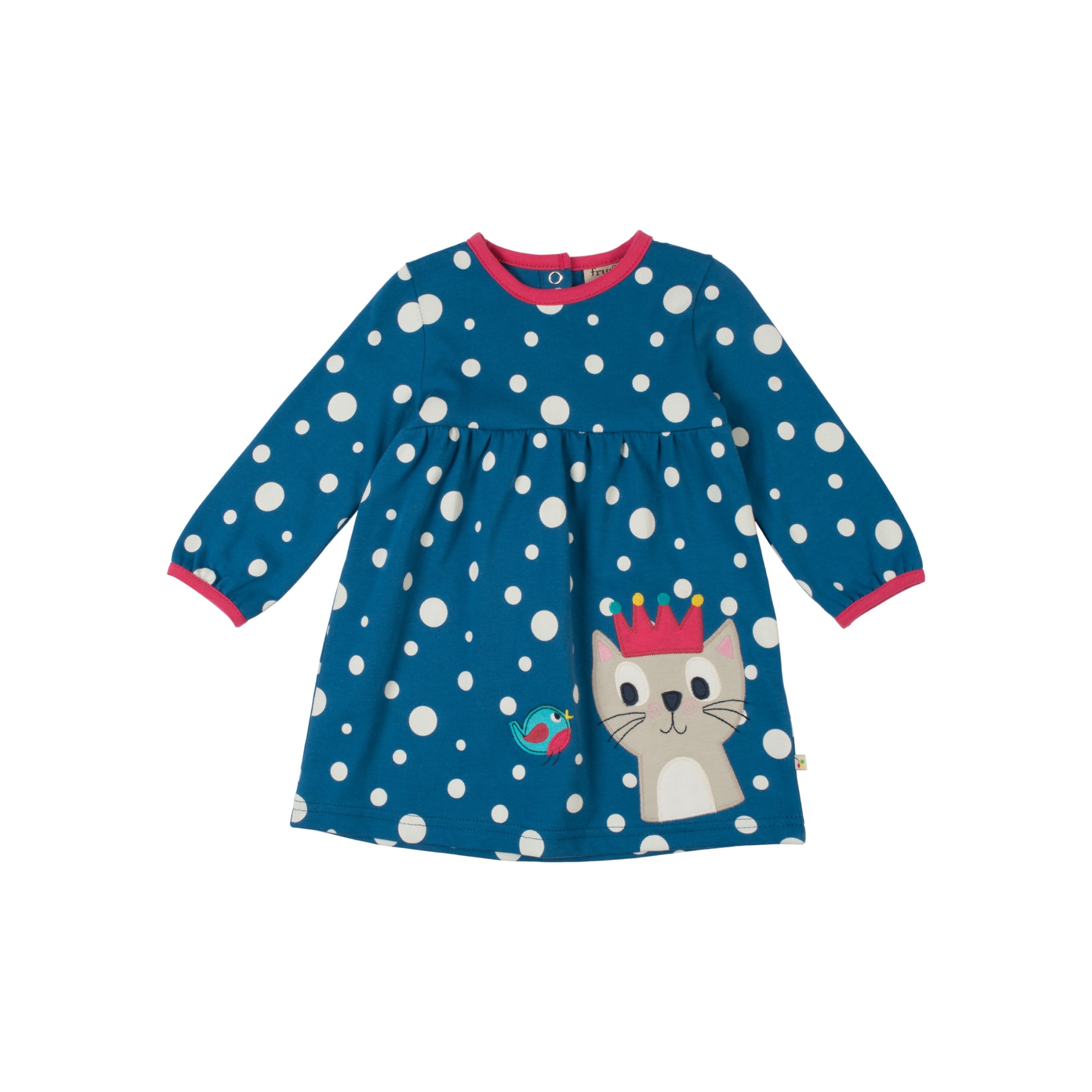 Rochie Eliza cu buline si pisicuta, bumbac organic, multicolor, bebe 6-12 luni