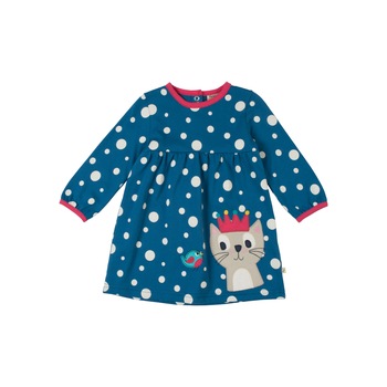 Rochie Eliza cu buline si pisicuta, bumbac organic, multicolor, bebe 6-12 luni Rochie Eliza cu buline si pisicuta, bumbac organic, multicolor, bebe 6-12 luni