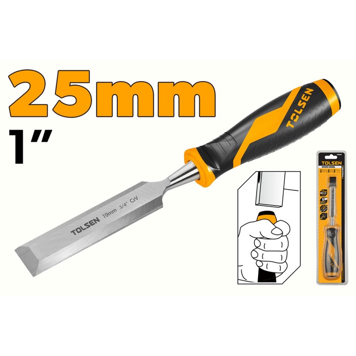 Dalta pentru Lemn 25mm (1") Cr-V Industrial GRIPro TOLSEN, Maner 2 Componente pentru Ergonomie si Reducerea Socurilor, ascutita de inalta precizie, lama Cr-V calita la HRC 60, prindere ergonomica, ideala pentru sculptatura si tamplarie