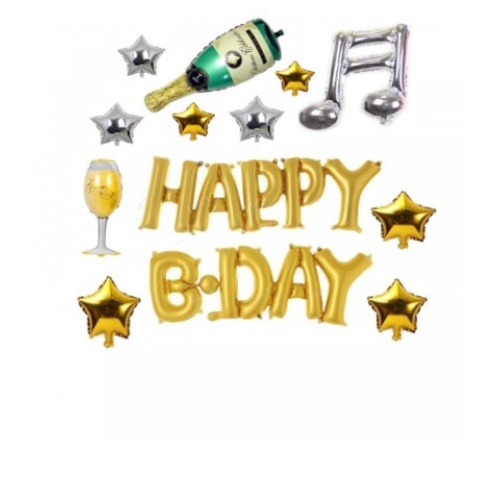 Set 13 Baloane, Happy B-Day, Nota Muzicala, Multicolor